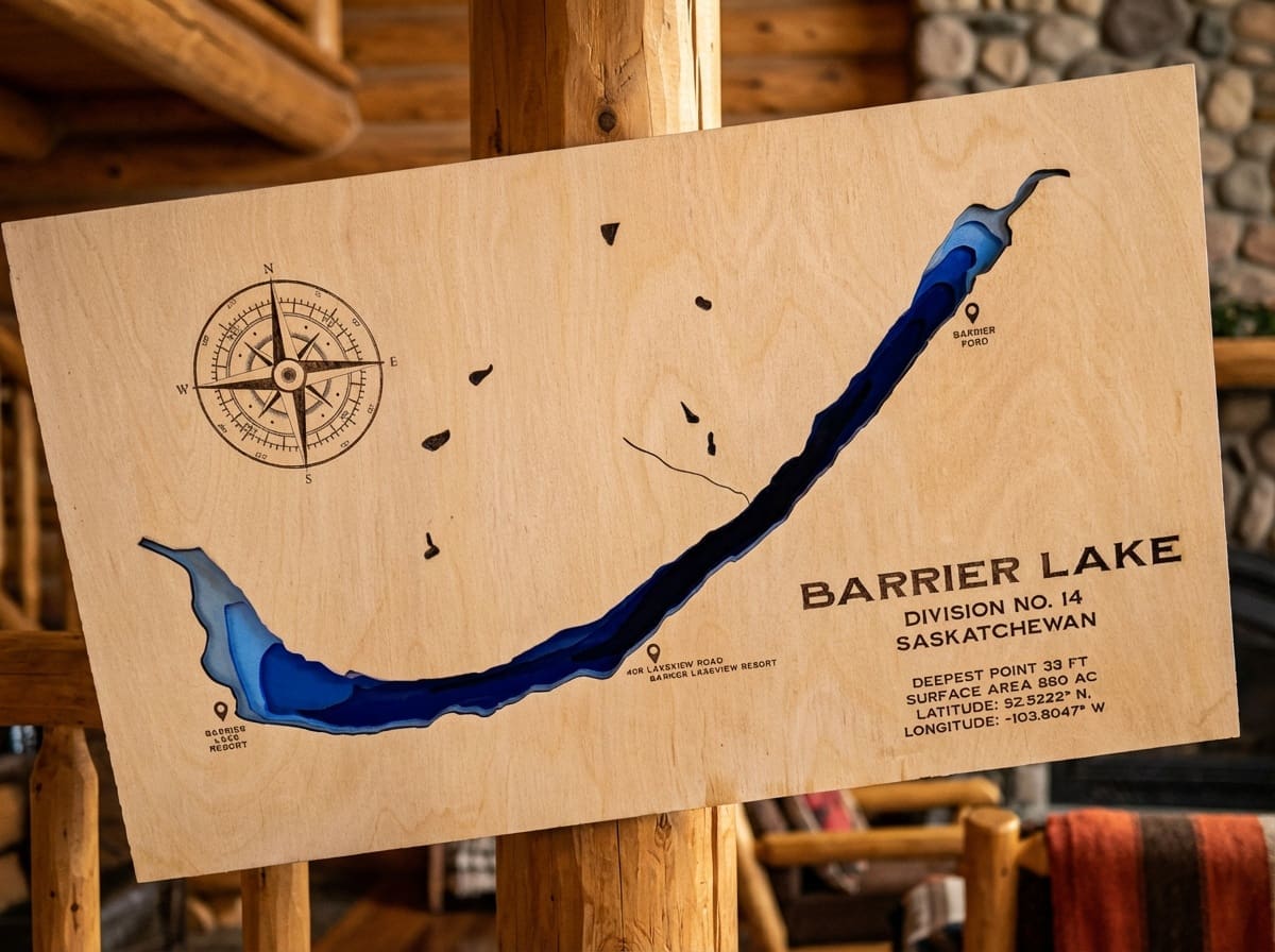 Custom Grey Barn orders Saskatchewan — laser-engraved wood sign featuring Barrier Lake design handcrafted in St. Gregor
