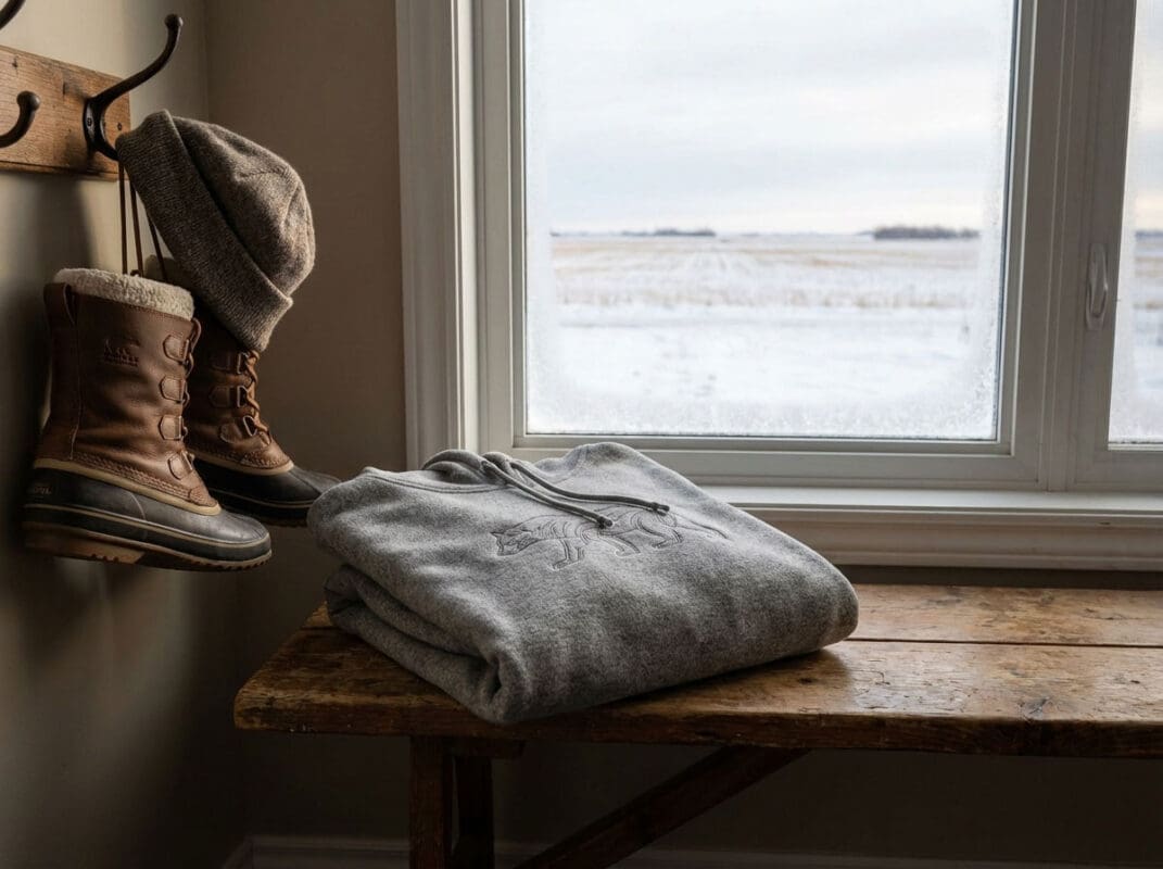 Saskatchewan handcrafted bunnyhug hoodie with printed design displayed in a cozy prairie entryway by Grey Barn Handwerk
