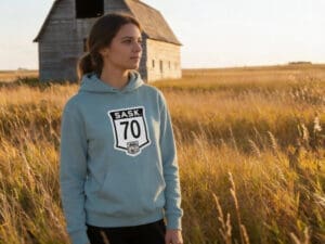 Custom Saskatchewan Highway Sign Bunnyhug with personalised highway number in blue mist featuring Forever Laser Dark print