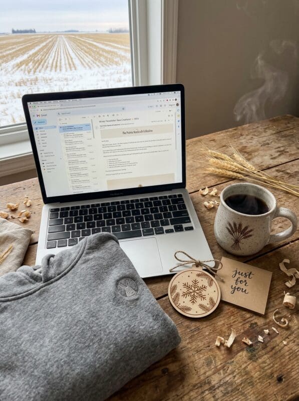 Saskatchewan handcrafted products newsletter — laptop showing email inbox beside a ceramic mug, wooden ornament, and bunnyhug on a prairie kitchen table