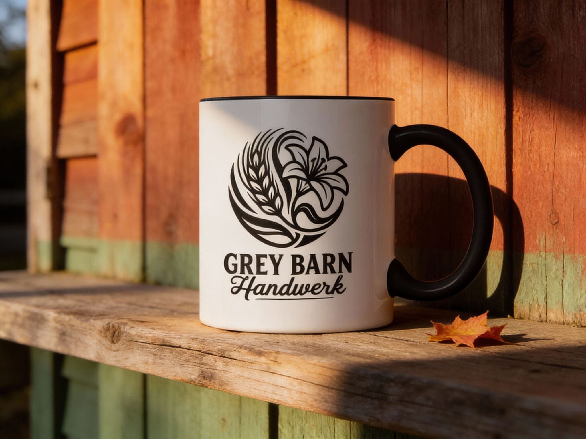 Custom ceramic mug 15oz with Grey Barn Handwerk logo and black handle