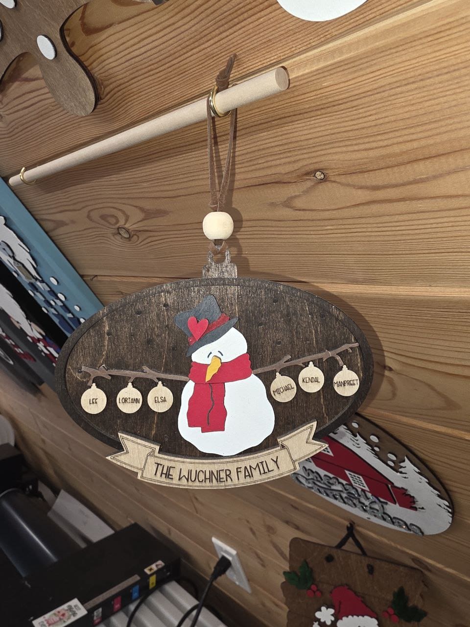 Custom Grey Barn orders Saskatchewan — laser-engraved snowman wooden ornament handcrafted in St. Gregor workshop